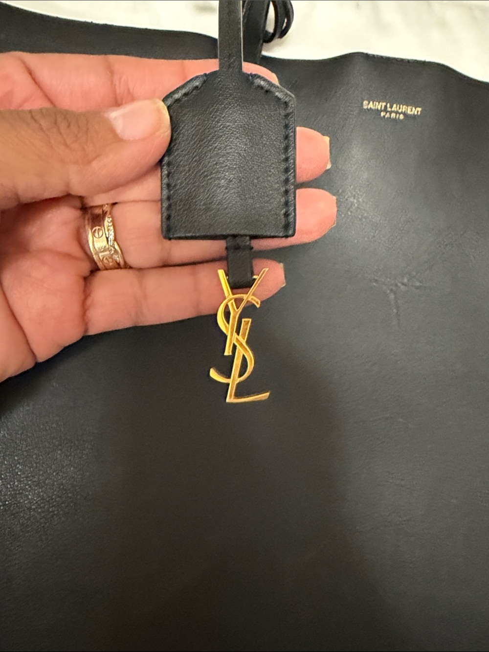Saint Laurent Black Leather Tote with Gold YSL Charm and Matching Pouch - Picture 2 of 7